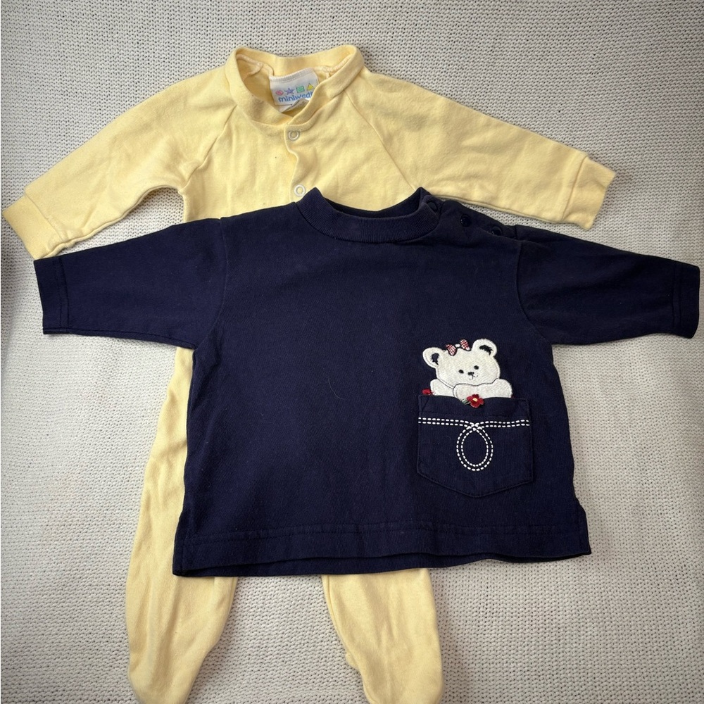 Vintage Miniwear 2–PC Bundle, Bear Pocket Top & Yellow Sleeper